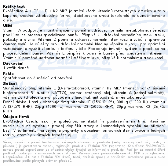 Vitamín A+D3+E+K2 Mk7 sprej 30ml EkoMedica